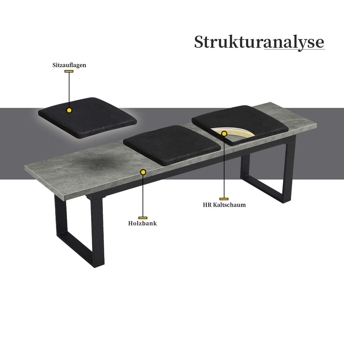 SITZBANK LEA Beton, 120/40/45 cm - Anthrazit/Schwarz, Holzwerkstoff/Metall (120/45/40cm) - B&D Home