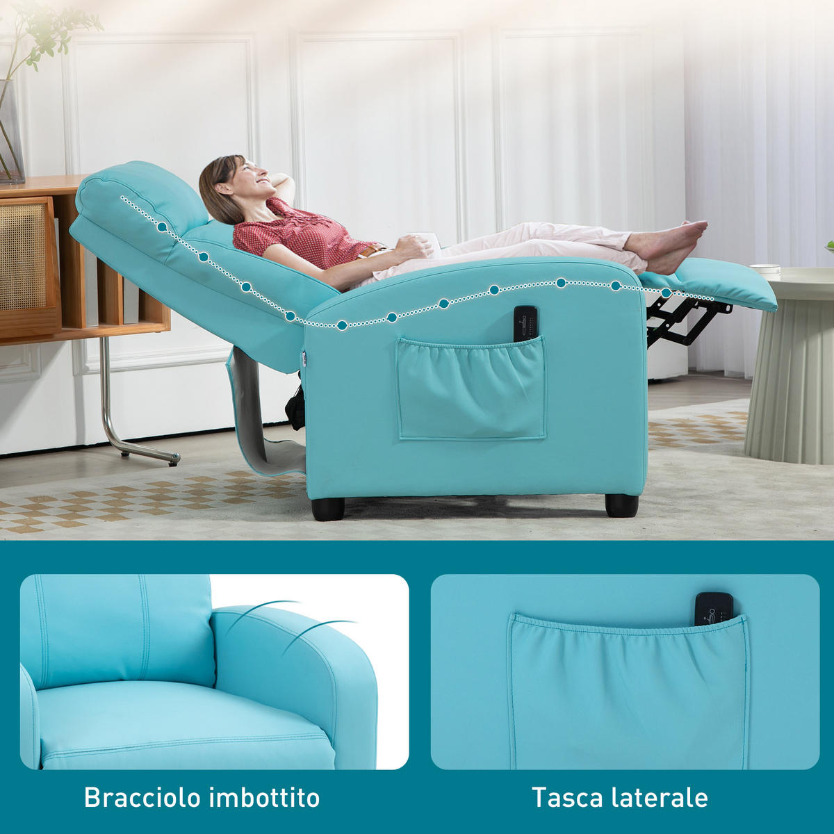 MASSAGESESSEL,8 Programme Fernbedienung Liegefunktion Fußstütze,blau - Blau, Leder (88/98/68cm) - Vallsero