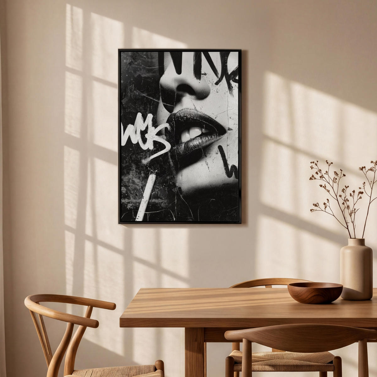 LEINWAND Bilder mit Rahmen - Gesicht - Mund - Graffiti - Schwarz - 60x90 - Schwarz, Textil (60/90cm) - MuchoWow