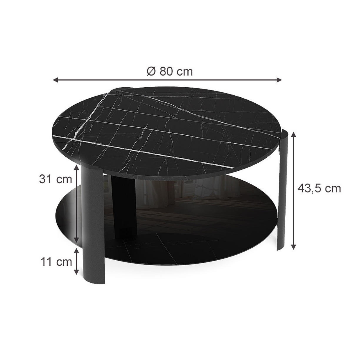 COUCHTISCH Navo, Schwarzer Marmor/Schwarz, 80 x 80 cm - Schwarz Hochglanz/Schwarz, Holzwerkstoff (80/80/43.5cm) - Vicco
