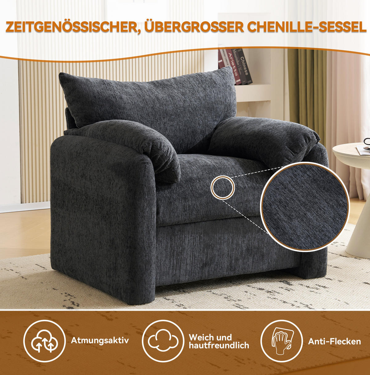 SESSEL 96/82/84 cm aus Chenille in Grau – bis 150 kg belastbar - Grau, Textil (82/84/96cm) - BEAOK