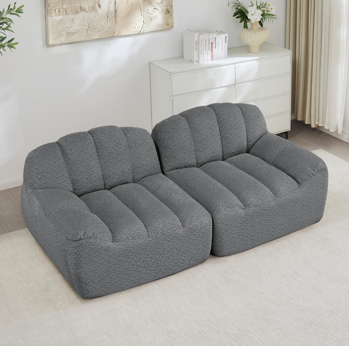 2-SITZER-SOFA aus granuliertem Fleece Grau ohne Montage mit ergonomischer Form und flexiblen Modulen - Grau, Textil (210/79/104cm) - Modfu