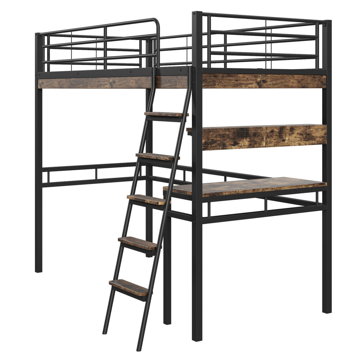 HOCHBETT aus Metall 90x200 cm in Schwarz mit Schreibtisch & Regalen - Schwarz, Metall (90/200cm) - Modfu
