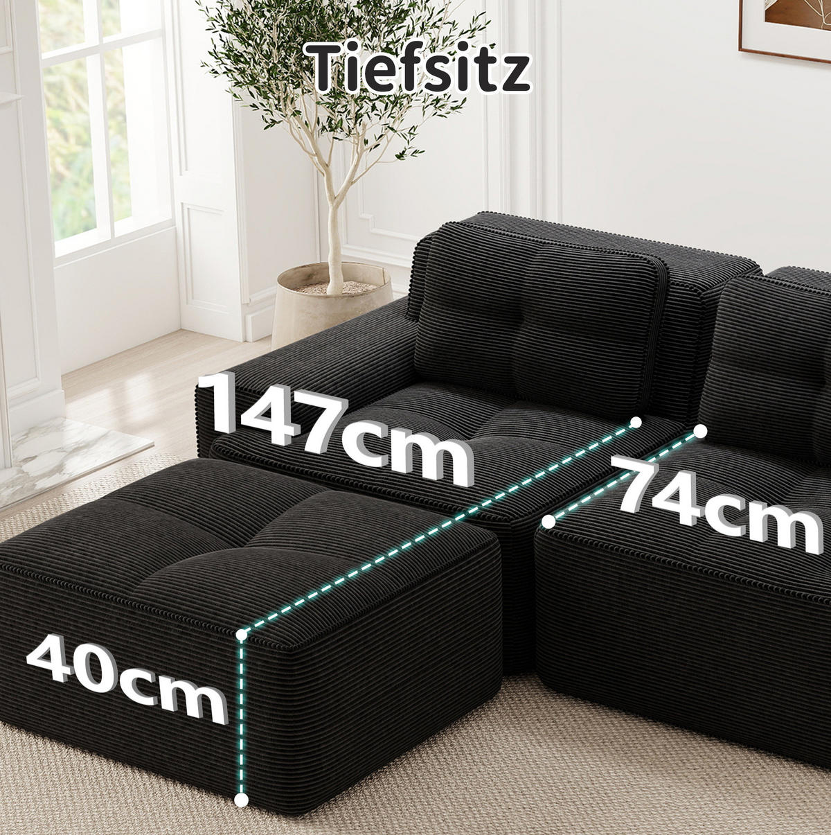 ECKSOFA 293/104/69 cm schwarz aus Cord ohne Montage - Schwarz, Textil (177/293cm) - OKWISH
