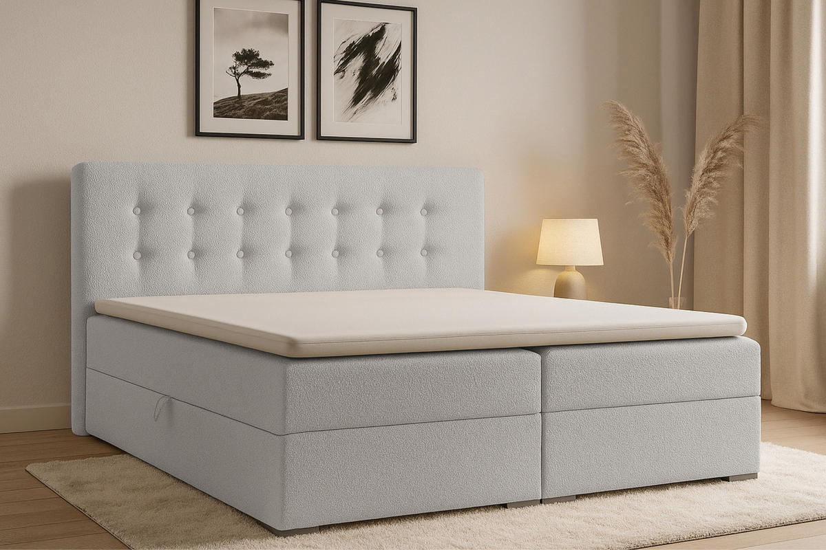 BOXBETT CYNTHIA LUX 160/200 in Boucle Hellgrau H3 - Hellgrau, Holzwerkstoff (160/200cm) - Deine Möbel 24