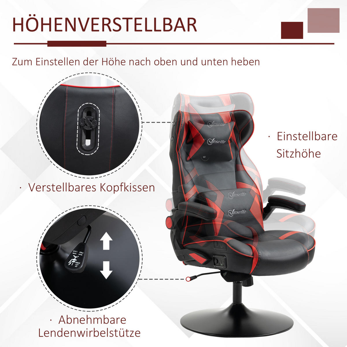GAMING Stuhl mit runder Bodenplatte, drehbar & neigbar, ergonomischer Sessel, Schwarz-Rot - Rot, Leder (69/112/73cm) - BRILVERDE