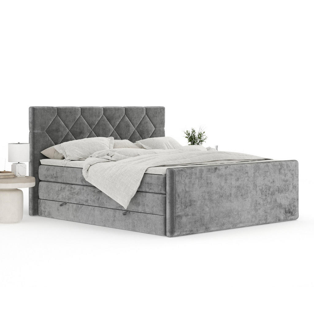 Thumbnail - Maison de Reve Boxspringbett, Grau, Textil, Buche, Kiefer, H3 + H4, 7-Zonen, Höhe ca. 40 cm, 200x200 cm, Handmade in Eur...