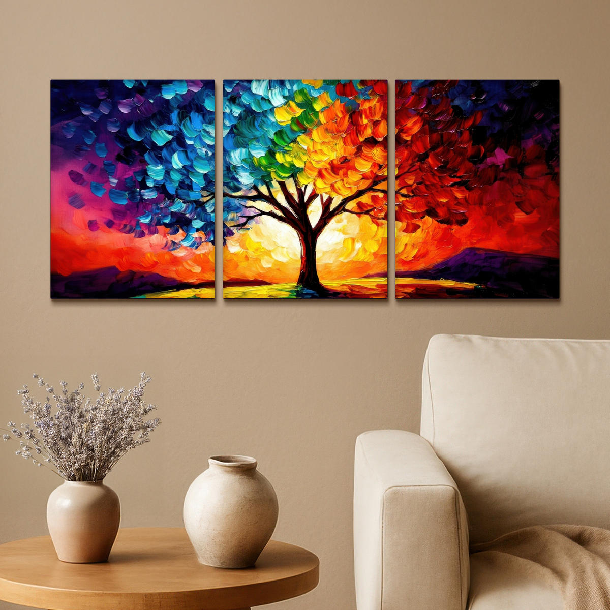 LEINWANDBILD 3er Set Baum - Farbenfroh - Malerei-Look - Abstrakt 90x40 cm - Multicolor, Textil (90/40cm) - MuchoWow