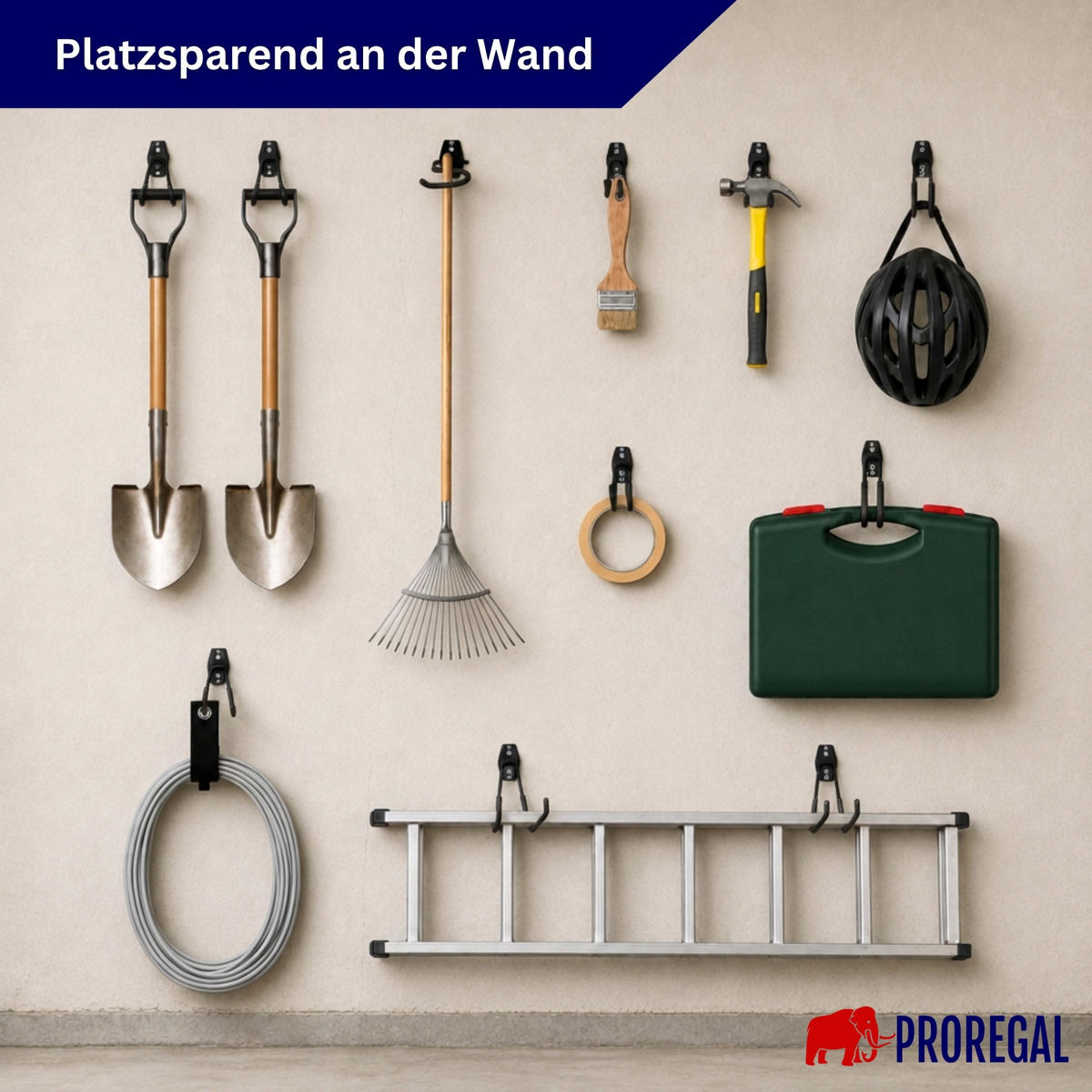 WANDHAKEN für Garage GRIT 18-teiliges Set Schwarz Gerätehaken Platzsparende Aufbewahrung - Schwarz, Metall (19/2.5/16cm) - PROREGAL