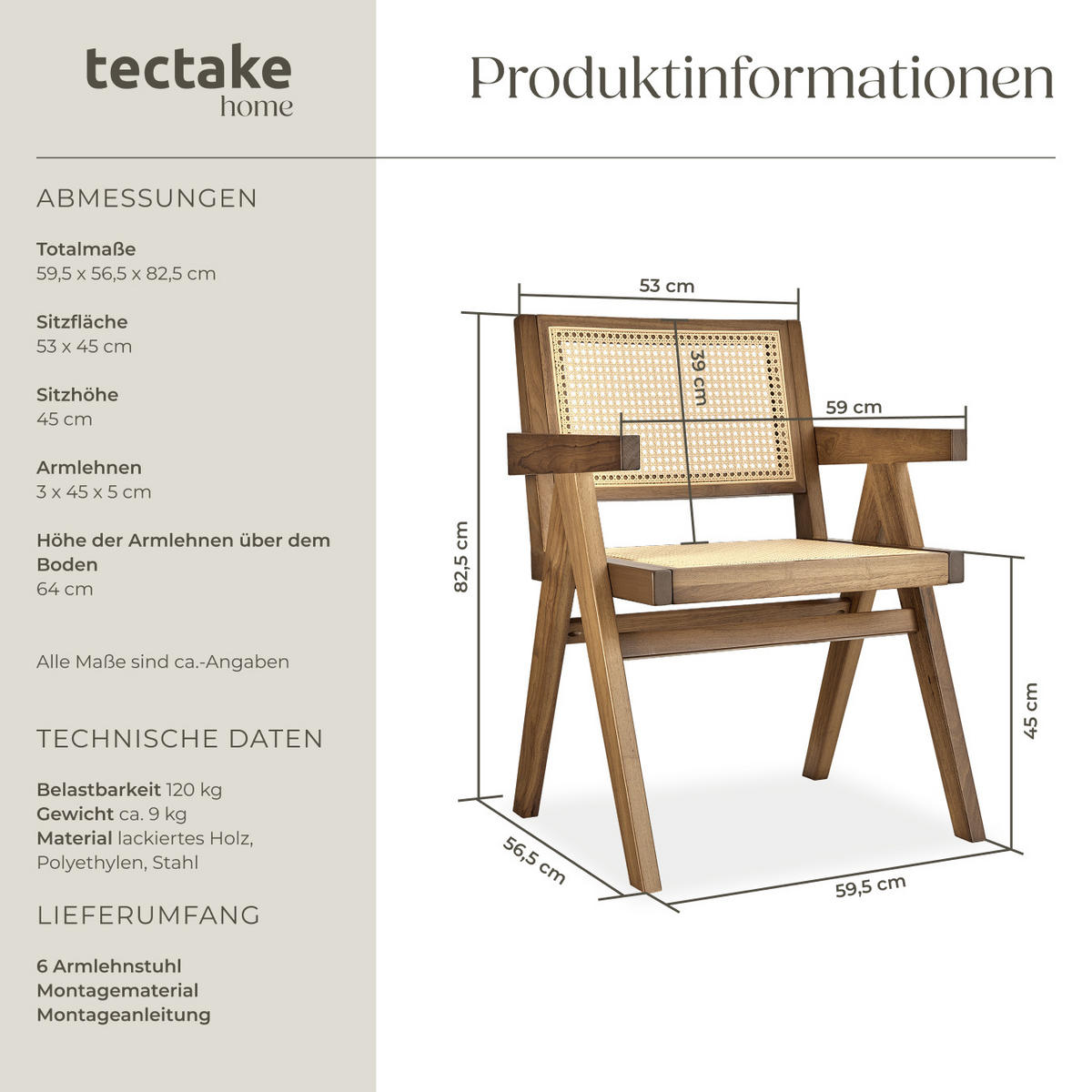 ARMLEHNSTUHL 6er Set Lissy,59 x 56,5 x 82,5 cm, Belastbarkeit 120 kg, Eiche hell - Eichefarben, Holz (56.5/82.5/59.5cm) - tectake