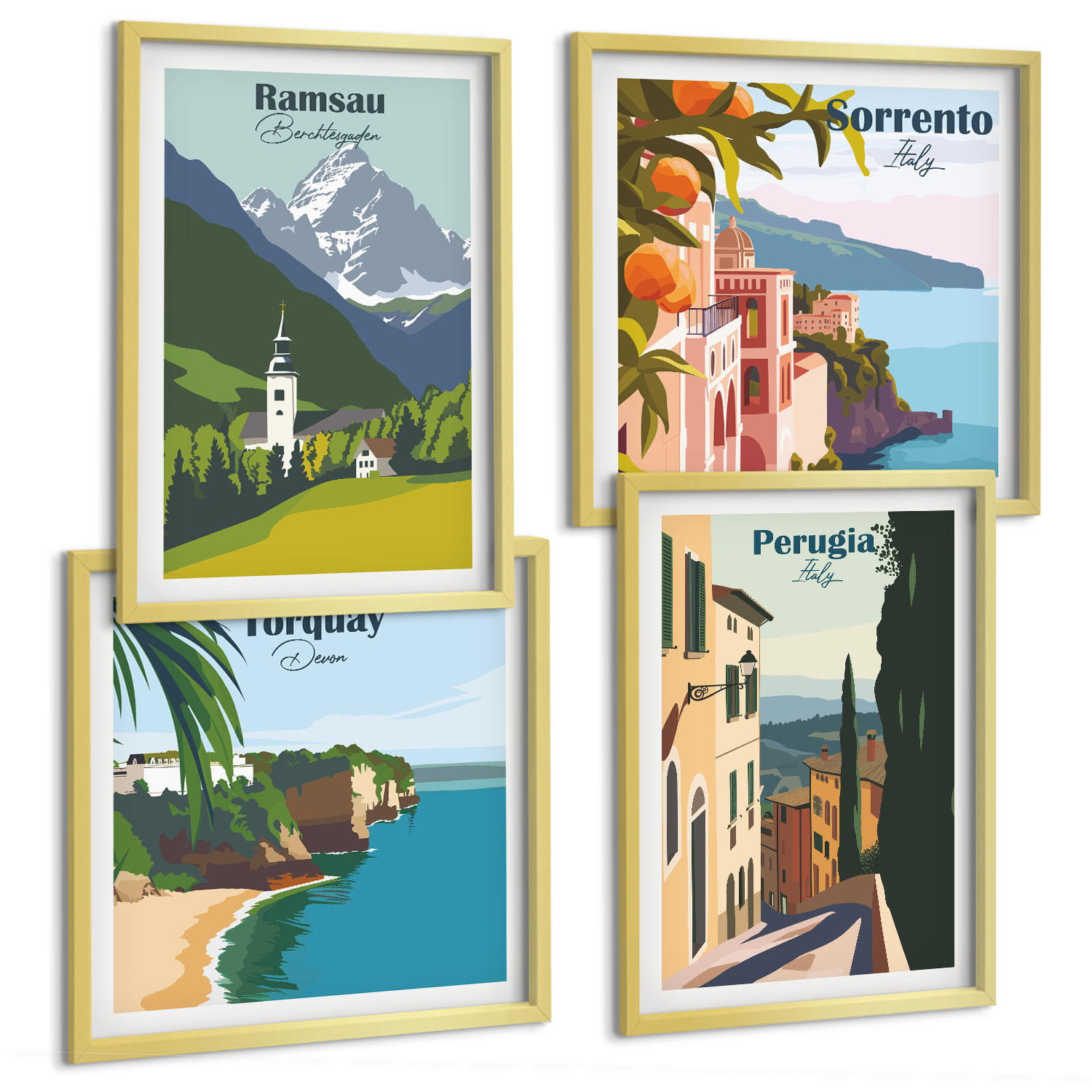 BILDER SET 4er Set - 50x50 cm & 40x60 cm Goldrahmen - Berglandschaften und Städte - Goldfarben, Kunststoff (50/50cm) - TULUP