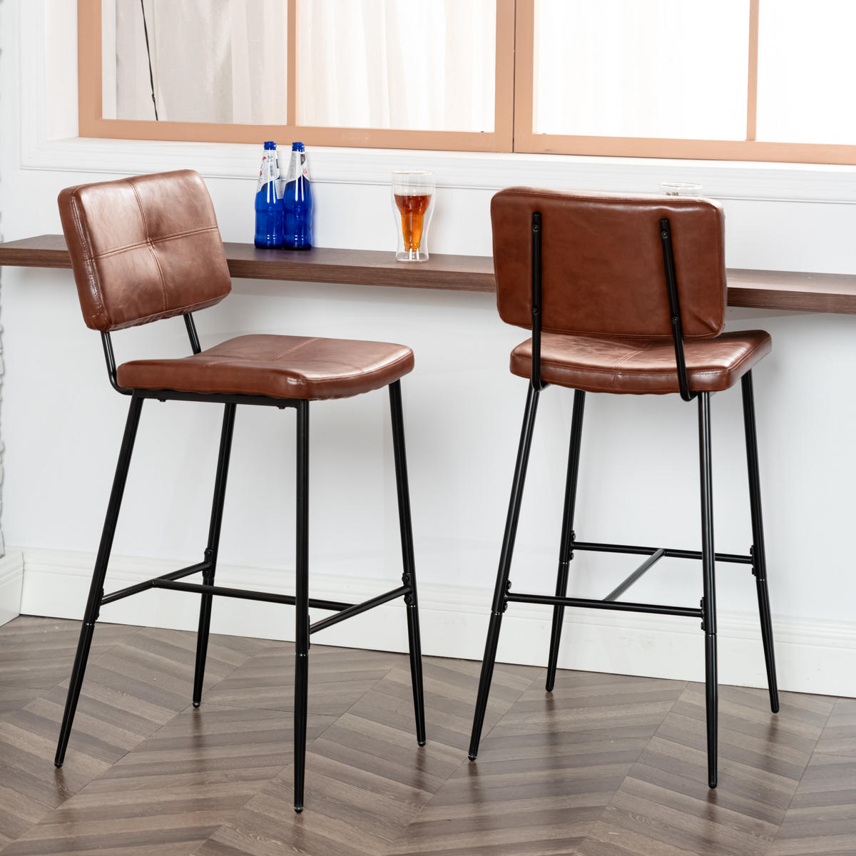 BARHOCKER-SET 4 Stück in Eisen Kunstleder - Braun, Metall (46.5/104/53cm) - Meubles Cosy