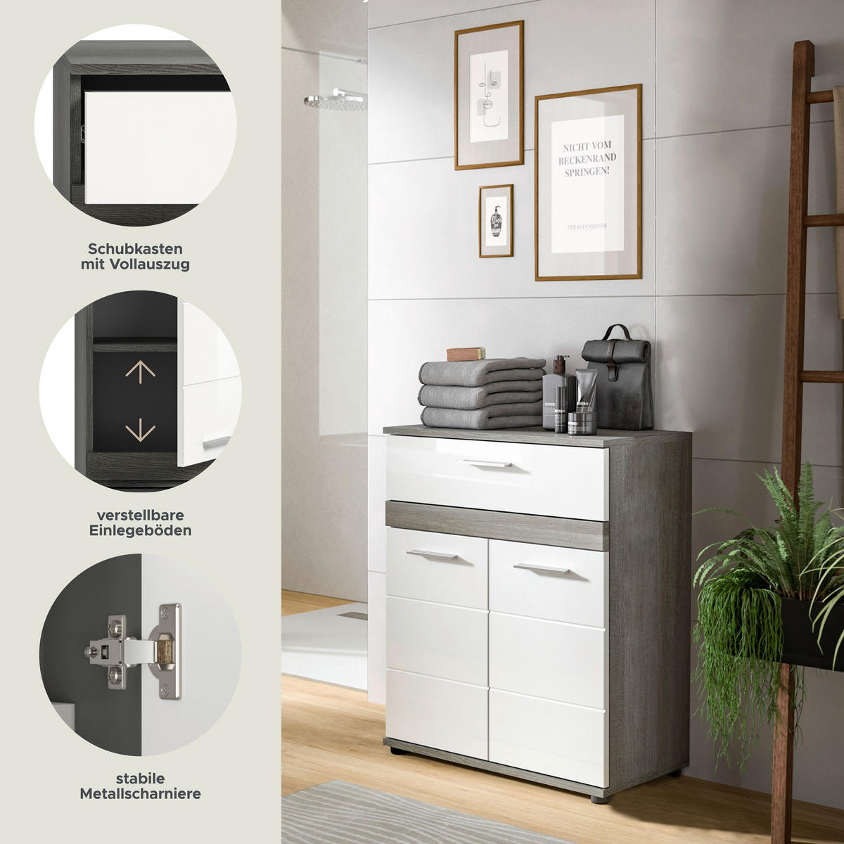 MIDISCHRANK Blake Bad in Rauchsilber Nachbildung und weiß hochglanz B/H/T: 70x79x31 cm - Anthrazit, Holz (70/79/31cm)