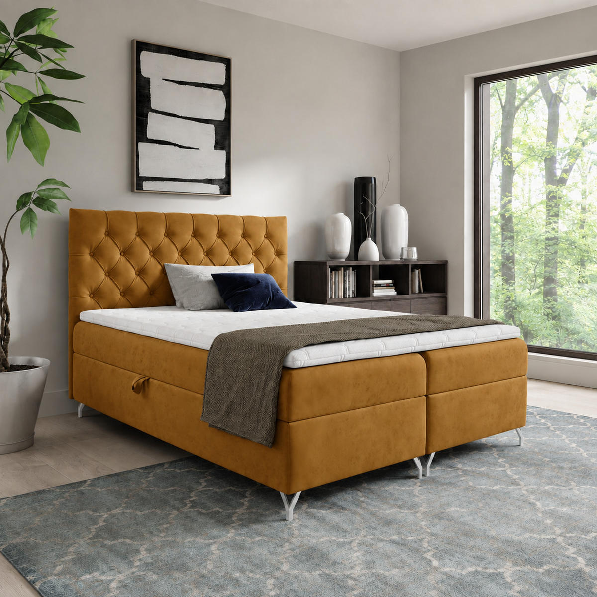 BOXBETT mit Stauraum und Topper Senf 120x200 cm - Gelb, Textil (120/200cm) - Home Collective
