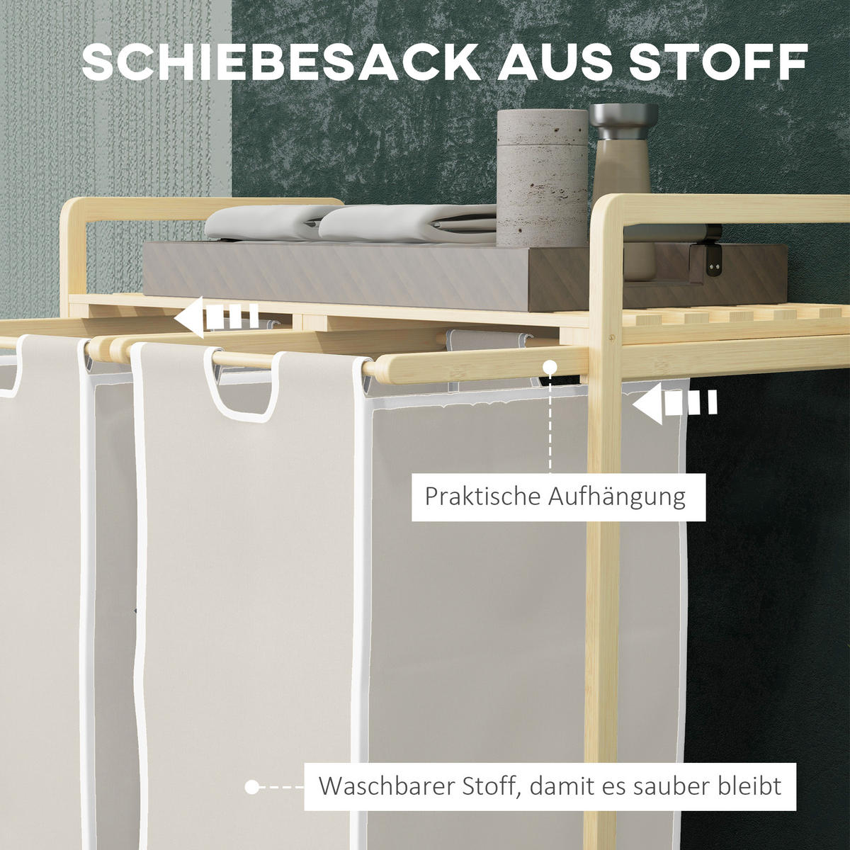 WÄSCHEKORB Wäschebox mit 2 abnehmbaren Wäschesacke Wäschesortierer Bambus - Creme/Naturfarben, Naturmaterialien (33/73/63.5cm) - HOMCOM