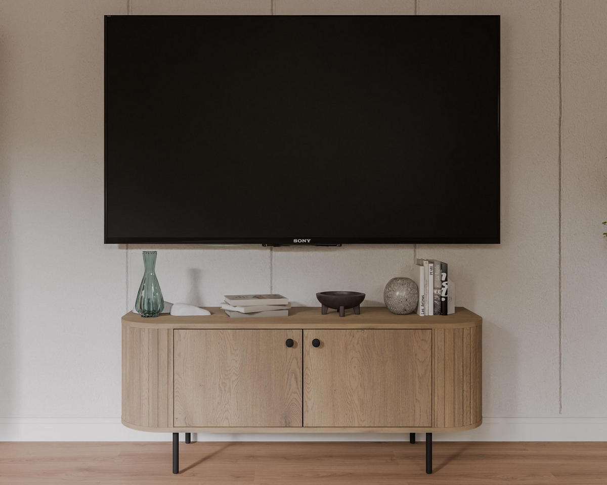 LOWBOARD Halay Eiche Cremona, 2 Türen Moderne Rillenstruktur 123 cm, mit runden Kanten - Eichefarben/Schwarz, Holzwerkstoff/Metall (123/50/42.3cm) - AX Living