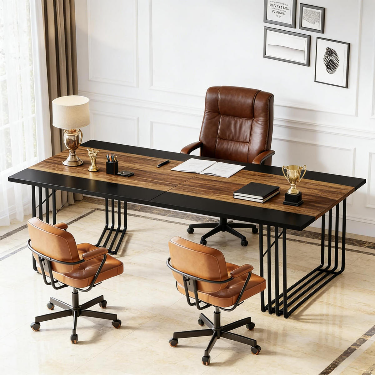 SCHREIBTISCH Schwarz und Rustikales Braun 200/100/75 cm Metallrahmen - Schwarz, Holzwerkstoff (100/200/75cm) - PANGIVO
