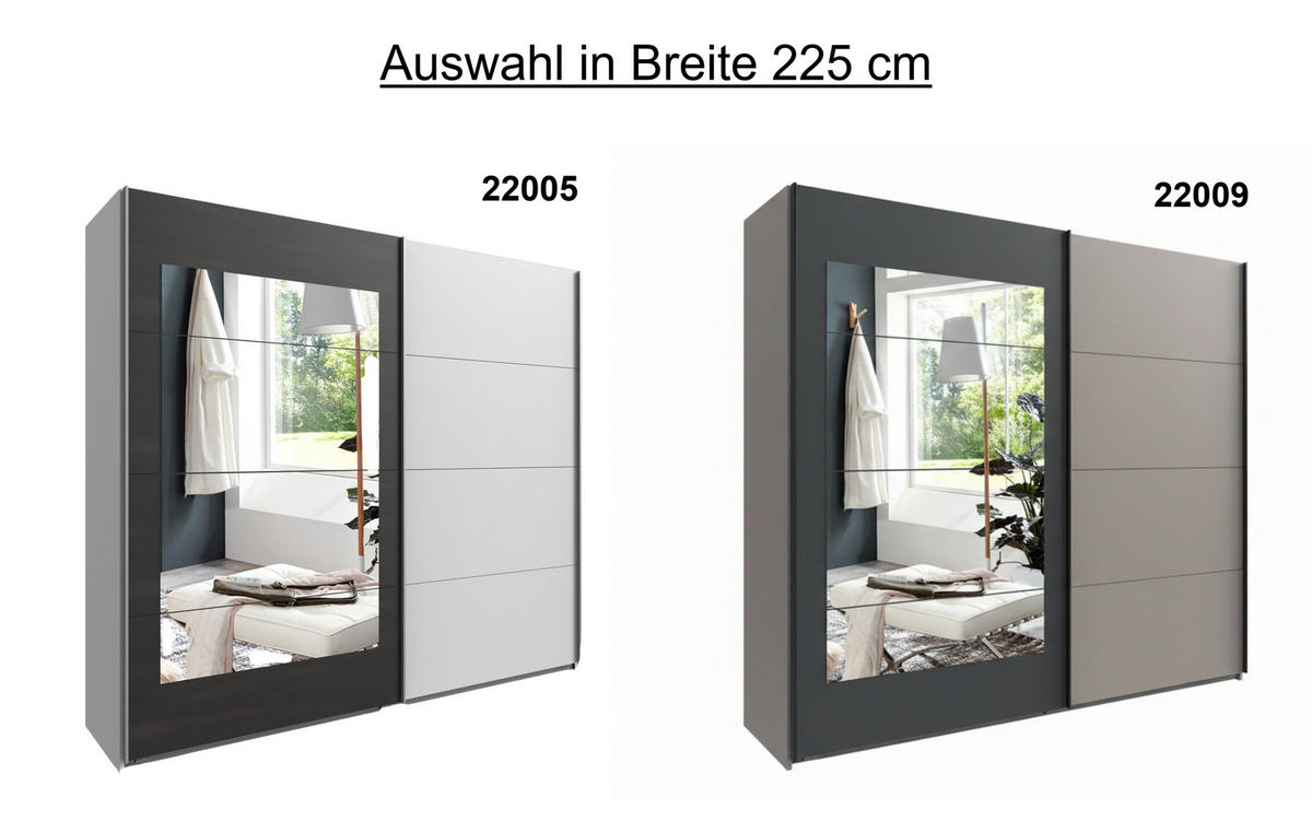 SCHWEBETÜRENSCHRANK 2-türig, Spiegeltür 225/208/65 cm, Kleiderstangen, Einlegeböden, Sand Grau mit Spiegeltür in Anthrazit / 22009 - Sandfarben/Anthrazit, Holzwerkstoff/Metall (225/208/65cm) - luma-home