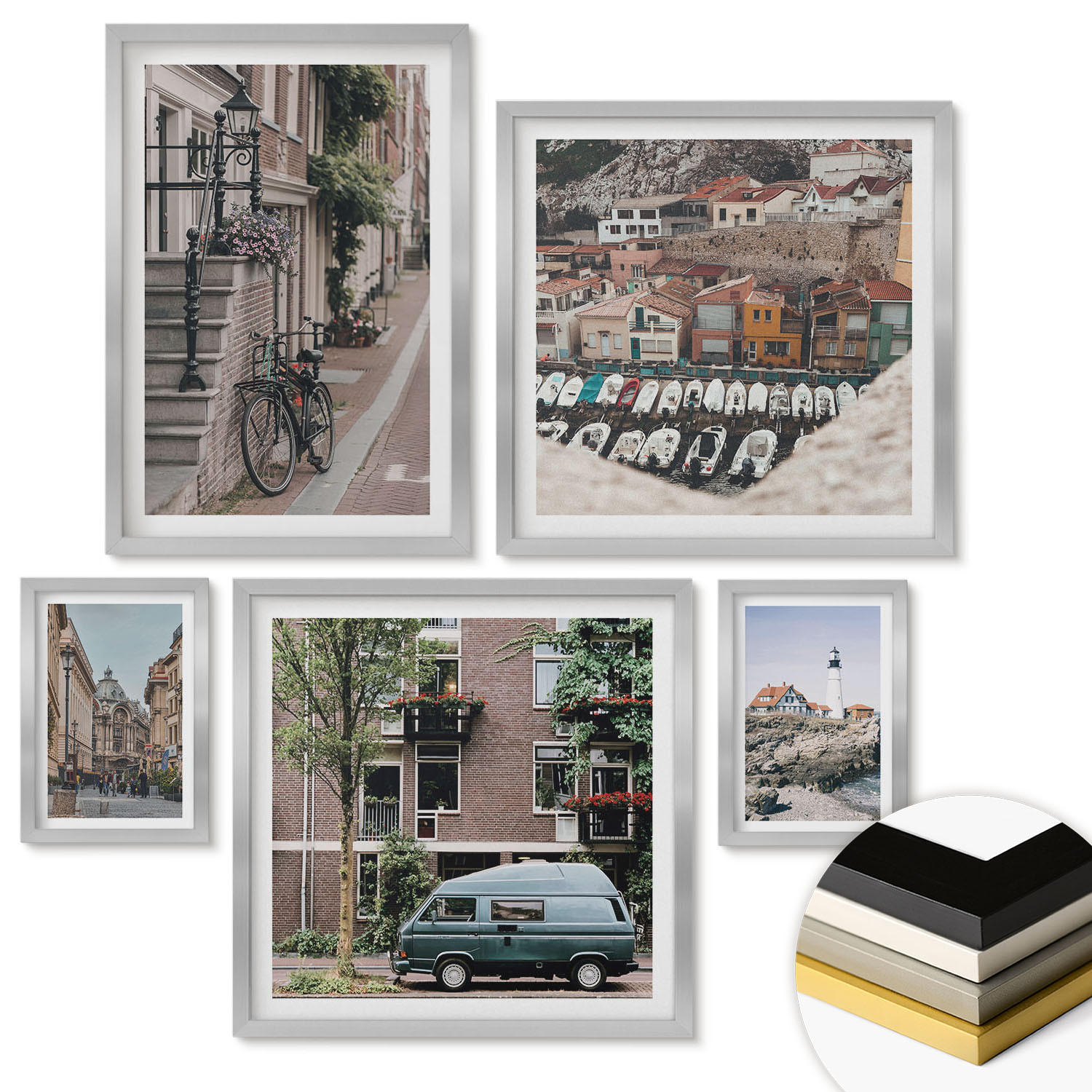 WANDBILDER 5er Set - 50x50 cm & 20x30 cm & 40x60 cm Silberner Rahmen - Elegante Muster auf Steinen - Silberfarben, Kunststoff (40/60cm) - ArtPrintCave