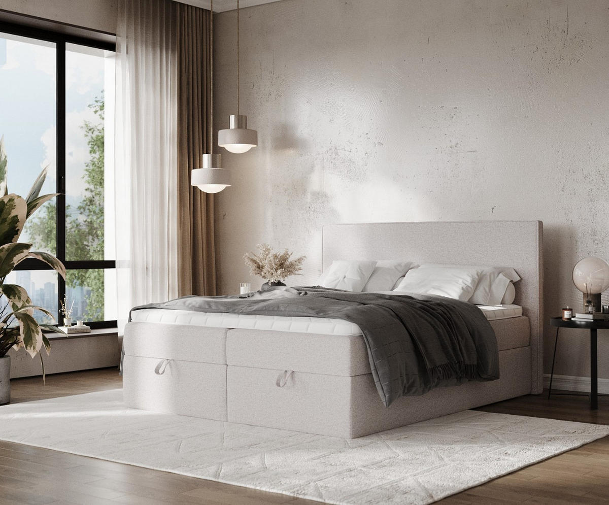 BOXBETT Velma 160/200 cm Beige im Riva Stoff - Beige/Schwarz, Holz/Holzwerkstoff (160/200cm) - AltaBeds