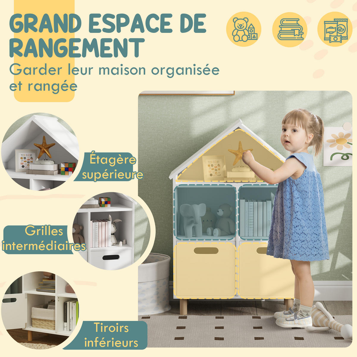 KINDERREGAL DE-17241 3 Ebenen mit 2 Schubladen, Hausform Weiß - Weiß, Holzwerkstoff (63.7/89.5/29.7cm) - ComfortXL