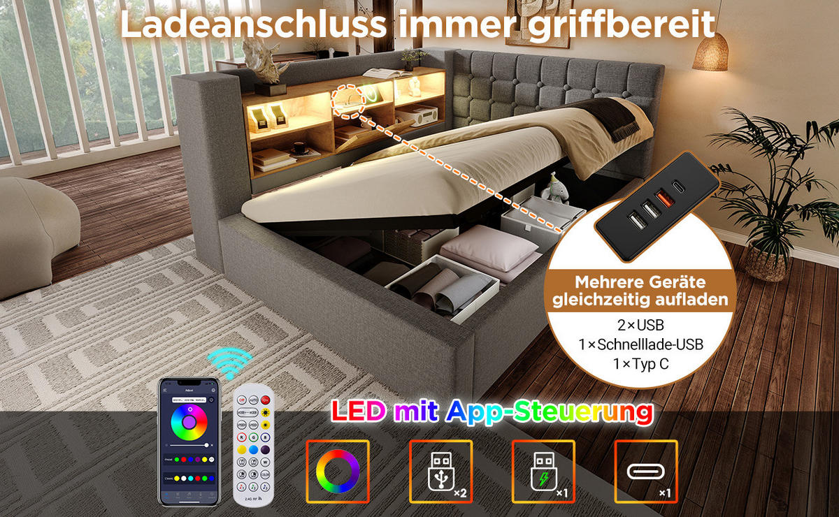 POLSTERBETT 90/190 cm Grau aus Leinen mit Stauraum - Grau, Textil (90/190cm) - OKMYHOME