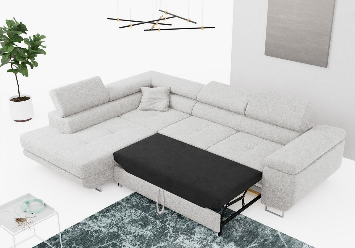 ROHOVÁ SEDAČKA GUSTAW L - Světle šedá Bouclé - Levá Strana - stříbrná/světle šedá, kov/textil (275/205cm) - MKS