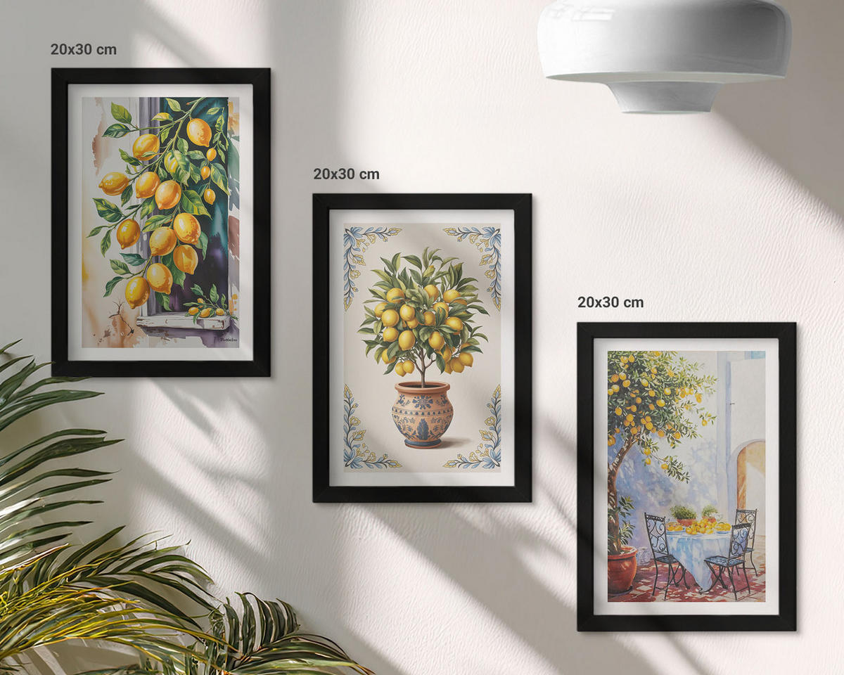 WANDBILDER 3er-Set - 20x30 cm Schwarzer Rahmen - Zitronenbäume Früchte Sonne - Schwarz, Kunststoff (20/30cm) - ArtPrintCave