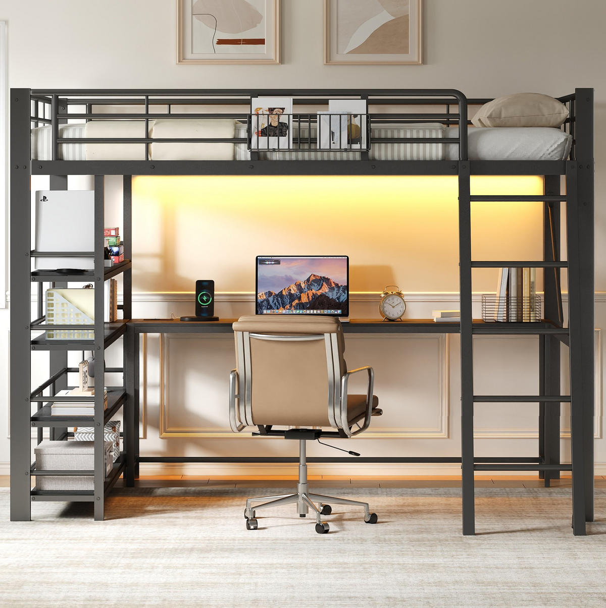 METALL-HOCHBETT aus Metall und MDF 140x200 cm Schwarz mit Schreibtisch, LED und USB-Ladestation - Schwarz, Holzwerkstoff (140/200cm) - Modfu