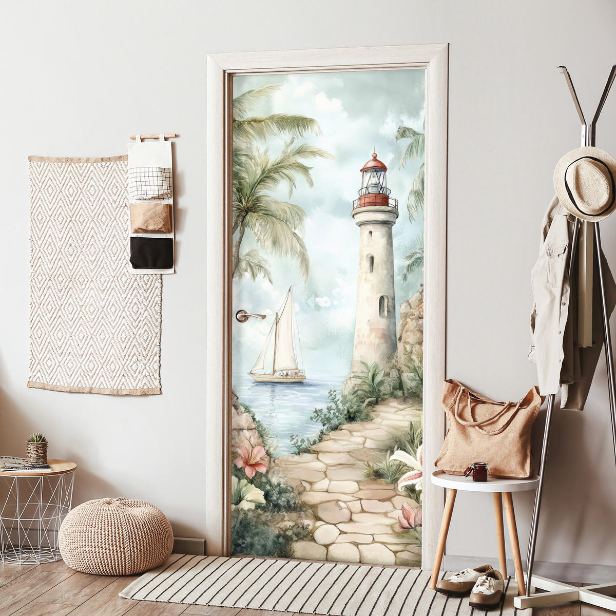 FOTOTAPETE Tür - Leuchtturm - Natur - Landschaft - Boot 95x215 cm - Eichefarben, Kunststoff (95/0.1cm) - MuchoWow