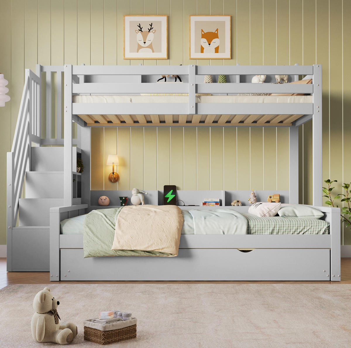 ETAGENBETT aus MDF und Kiefer 90x200/140x200 cm Grau mit Ausziehbett, Stauraumtreppe und USB-Anschluss - Grau, Holz (90/200cm) - Modfu