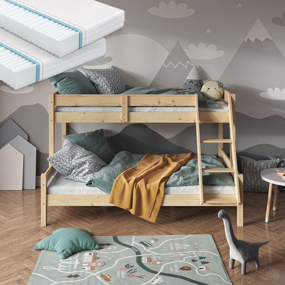 ETAGENBETT Everest Naturholz 120x200/80x200 cm mit 2 Matratzen - Hellbraun, Holz (120/200cm) - VitaliSpa