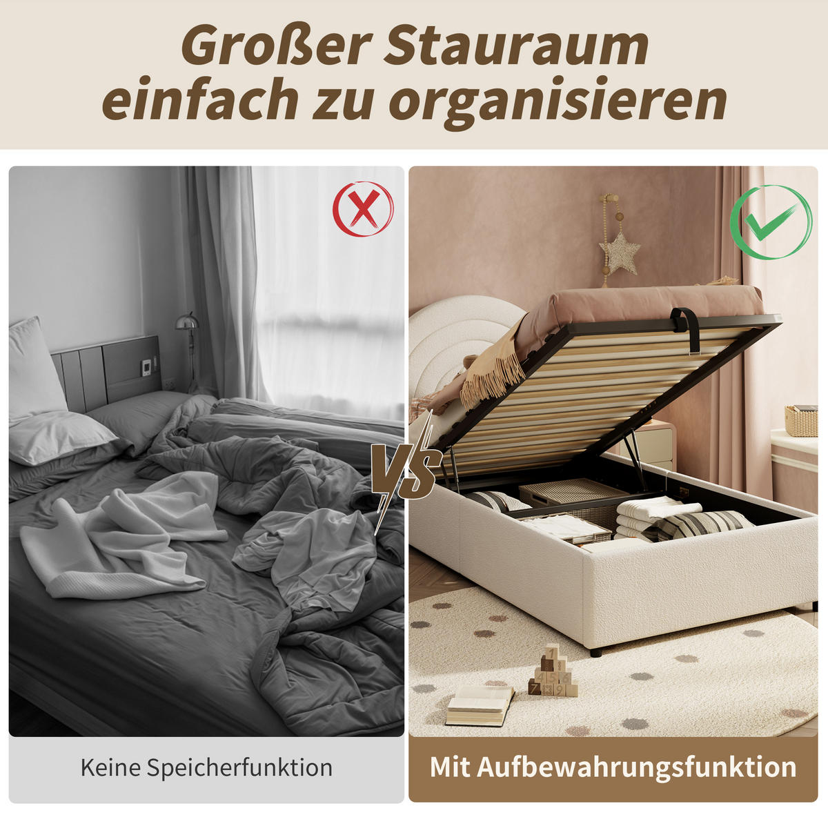 POLSTERBETT 90x200 Bouclé Lattenrost Kopfteil Beige - Beige, Holzwerkstoff - FLIEKS