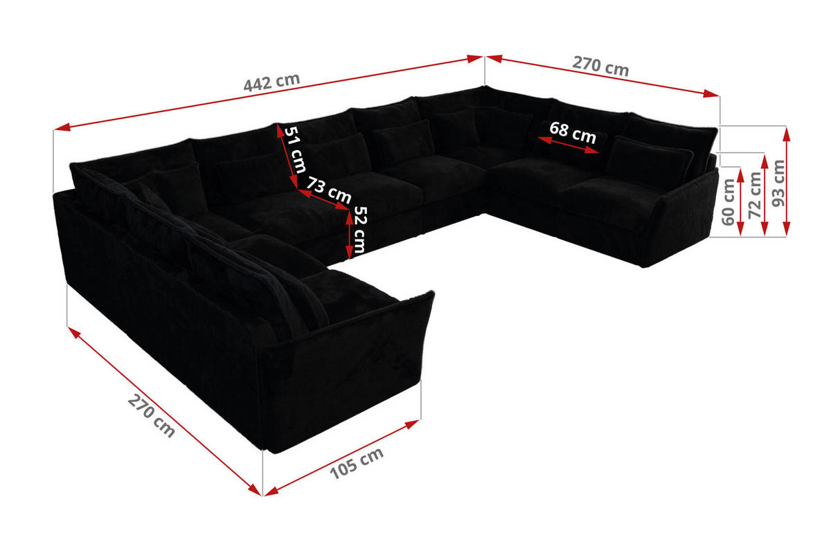 WOHNLANDSCHAFT VERSO U 9M Schwarz Plüsch - Schwarz, Kunststoff/Textil (442/93/270cm) - MKS