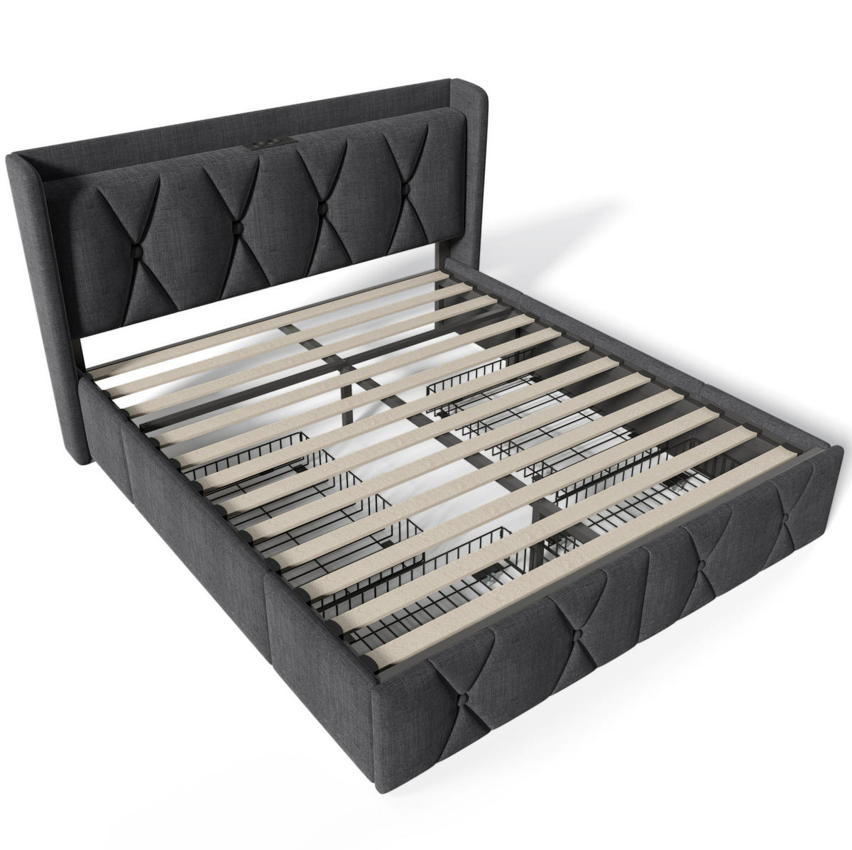 BETT mit USB und 4 Schubladen 140x200 cm Leinen Grau inkl. Matratze - Grau, Metall (140/200cm) - Meubliv