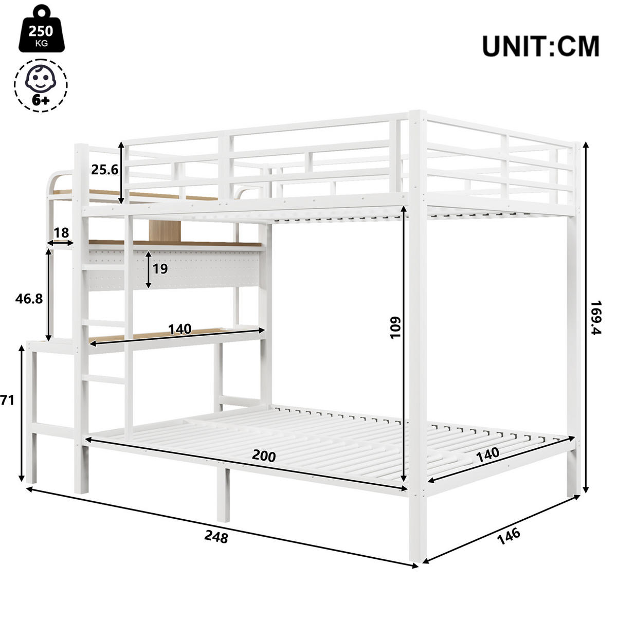 ETAGENBETT 140/200 cm mit Schreibtisch, Ablagefächern, LED und USB, Metall/MDF, Weiß - Weiß, Metall (140/200cm) - Redom