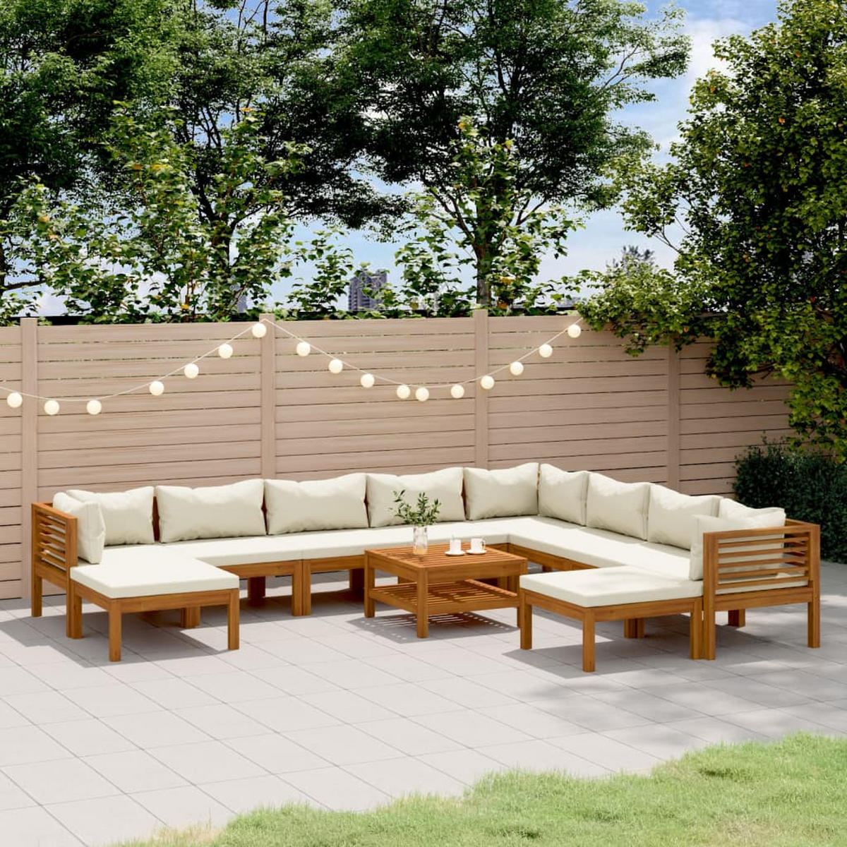 GARTEN-LOUNGE-SET 11Er Set Mit Creme Kissen Massivholz Akazie - Creme, Holz - vidaXL