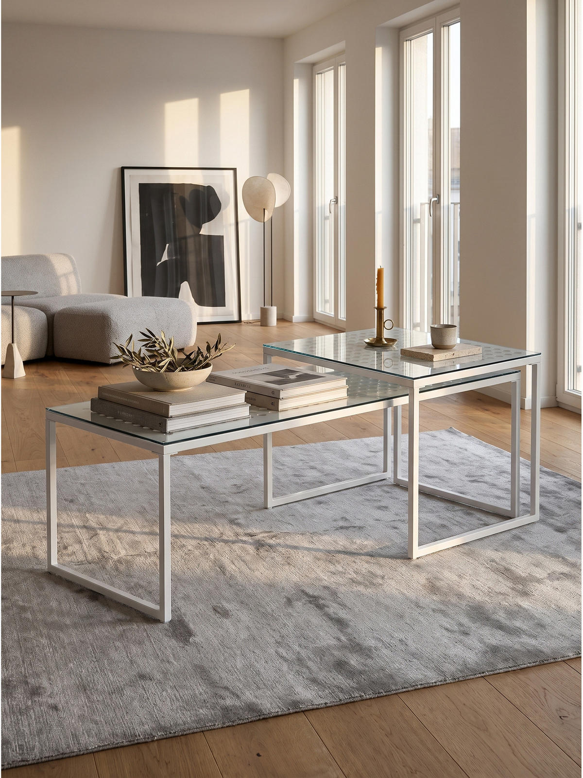 SOFATISCHE 2er-Set ALCUDIA, Einscheibensicherheitsglas, Weiß, 100 x 40 x 35 cm - Weiß, Glas/Metall (40/100/35cm) - KADIMA DESIGN