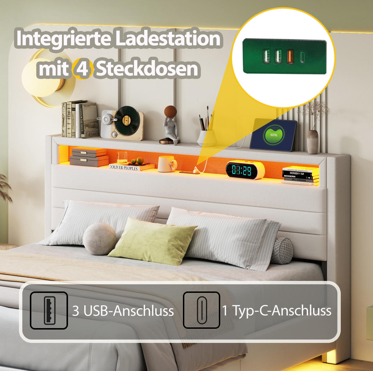 BETT mit hydraulischem Stauraum 160x200 cm Leinen Beige - Beige, Metall (160/200cm) - Beauniv