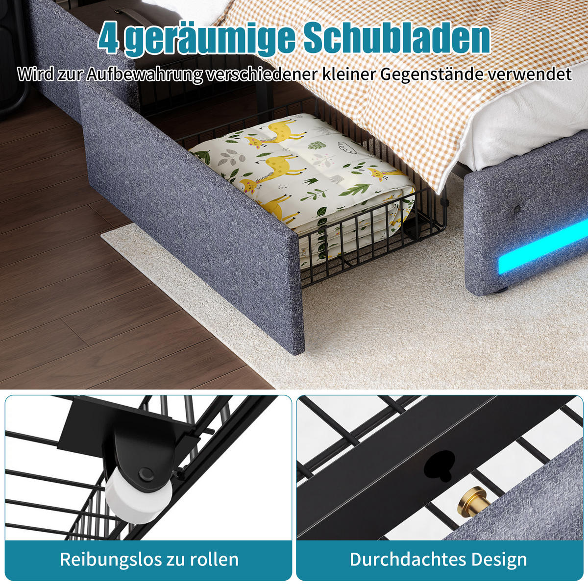 POLSTERBETT 180/200 cm, in Grau Leinenoptik Stoff, Bettkasten, Gepolstertes Kopfteil mit LED-Beleuchtung USB, 4 Metall-Stauraumschubladen - Dunkelgrau, Textil/Metall (180/200cm) - BPKADHY