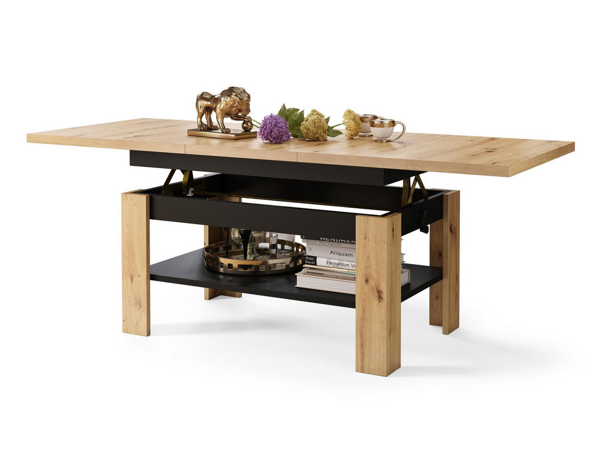 COUCHTISCH rechteckig Eiche Gold - Schwarz ausziehbar höhenverstellbar - Eichefarben/Schwarz, Holzwerkstoff (65/130/58cm) - designimpex