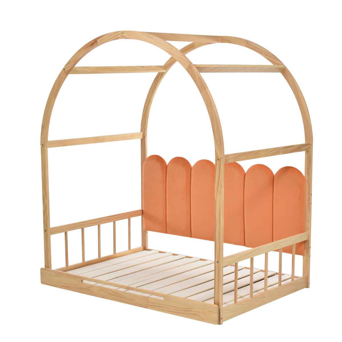 HAUSBETT 140/200 cm DE-00098, in Natur/Orange, Gewölbtem Dach - Naturfarben, Holz (140/200cm) - ComfortXL