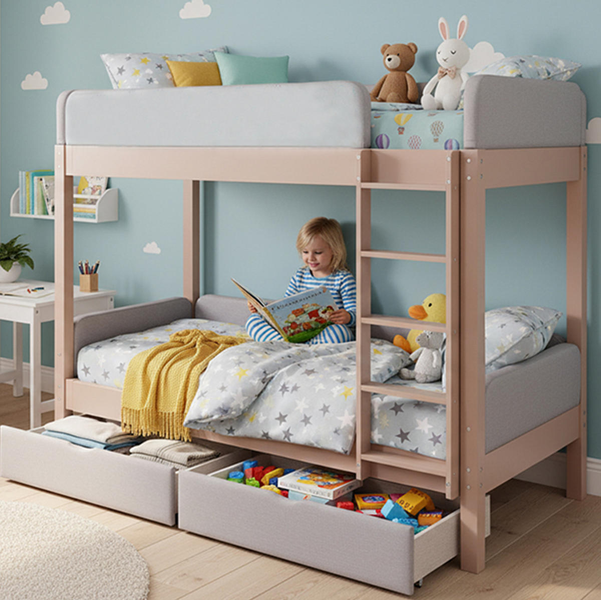 ETAGENBETT aus Kautschukholz und MDF 90x200 cm Grau/Natur mit 2 Schubladen, gerader 4-Stufen-Treppe und Schutzkante - Grau, Holzwerkstoff (90/200cm) - Modfu