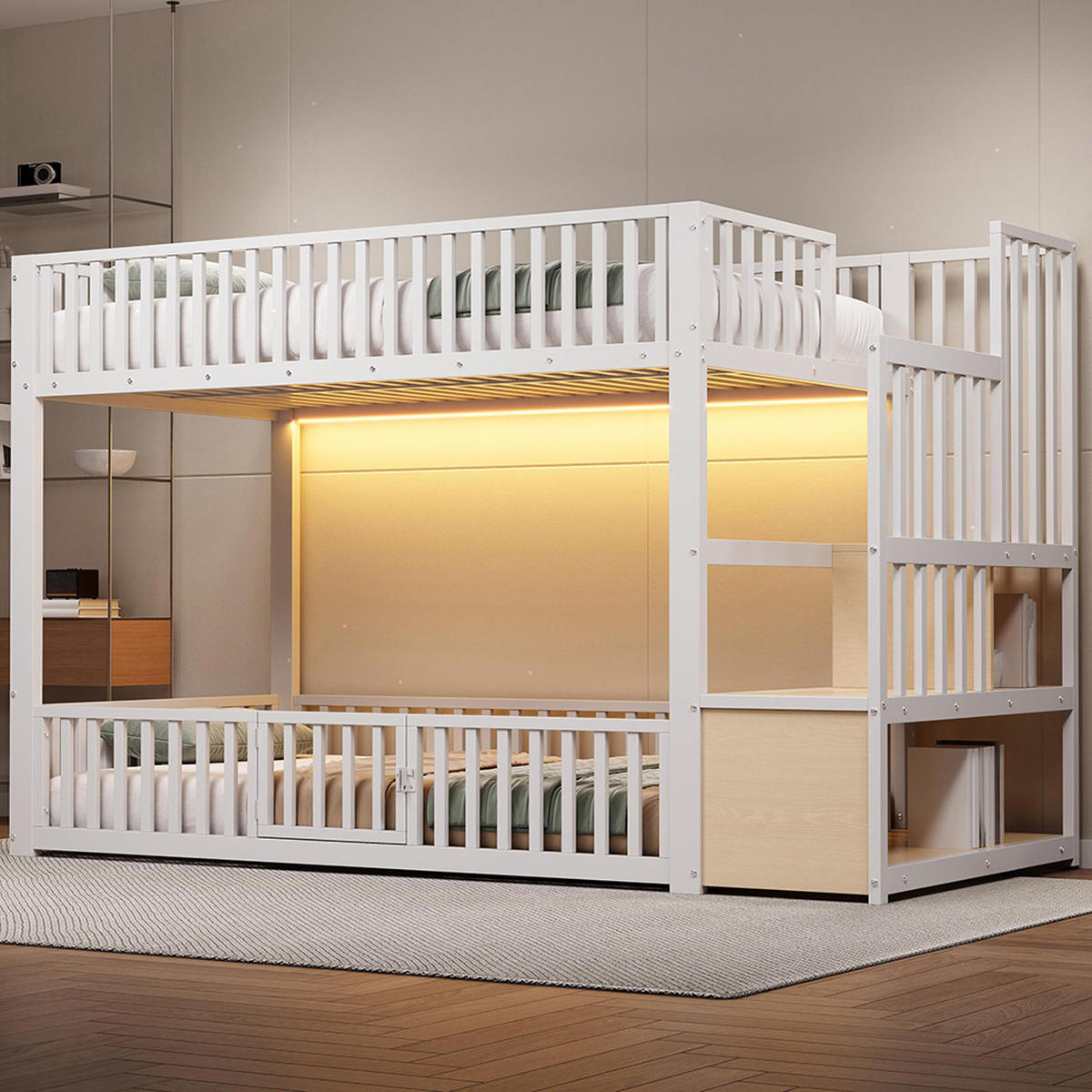 ETAGENBETT 90x200 cm mit Stauraumleiter und mit LED, Weiß - Weiß, Metall (90/200cm) - KOMHTOM