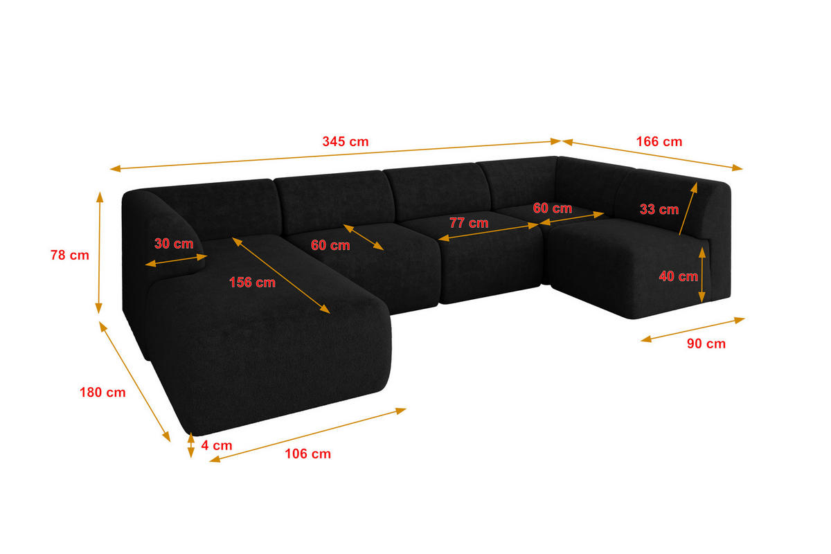 WOHNLANDSCHAFT Ottomane Links MOVO-L 345x180x78 cm Schwarz Tissu - Schwarz Hochglanz, Holzwerkstoff/Kunststoff (345/78/180cm) - ALTDECOR