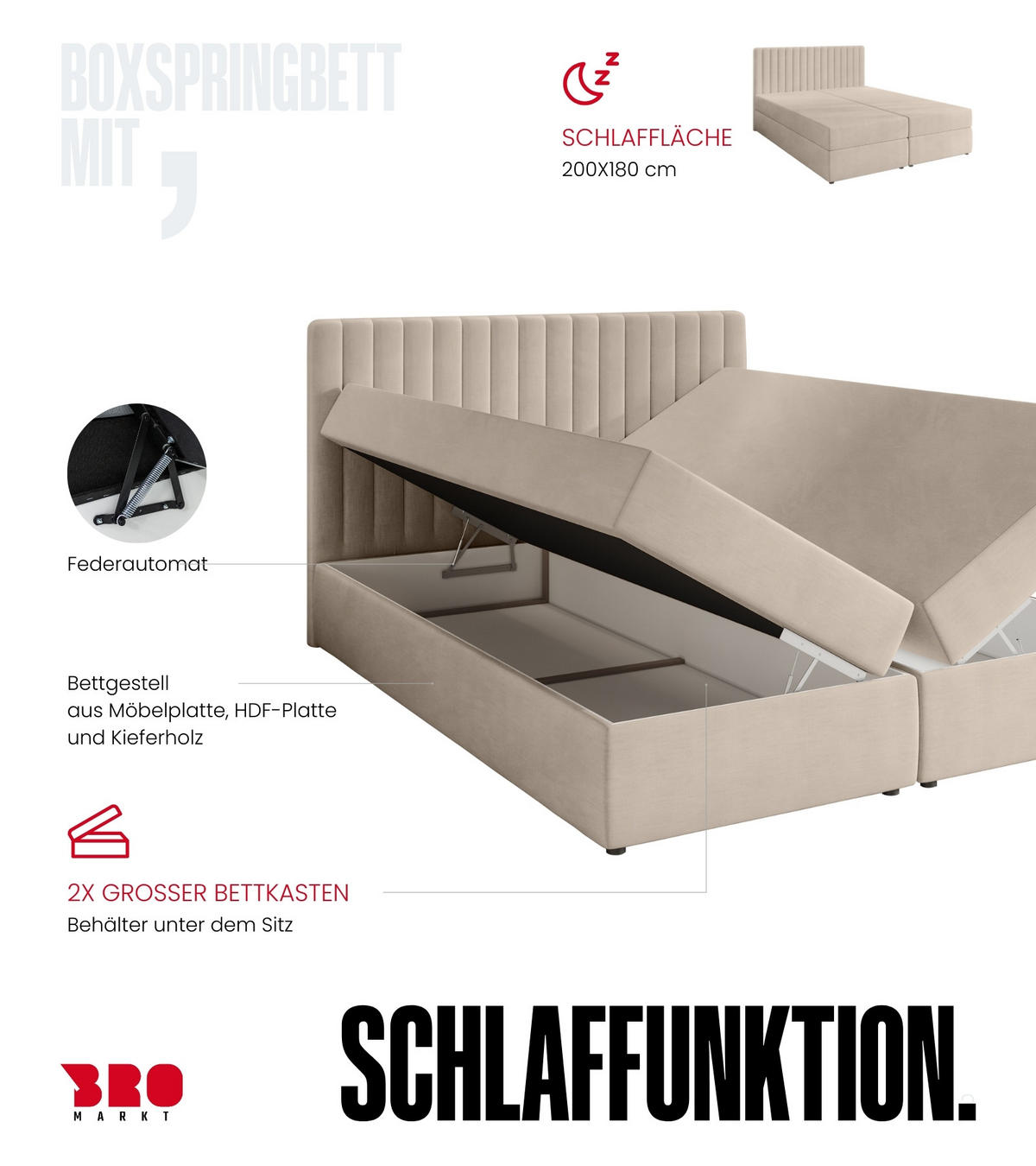 BOXBETT Dream mit Topper 180/200 Anthrazit - Anthrazit, Holzwerkstoff/Textil (180/200cm) - Bromarkt