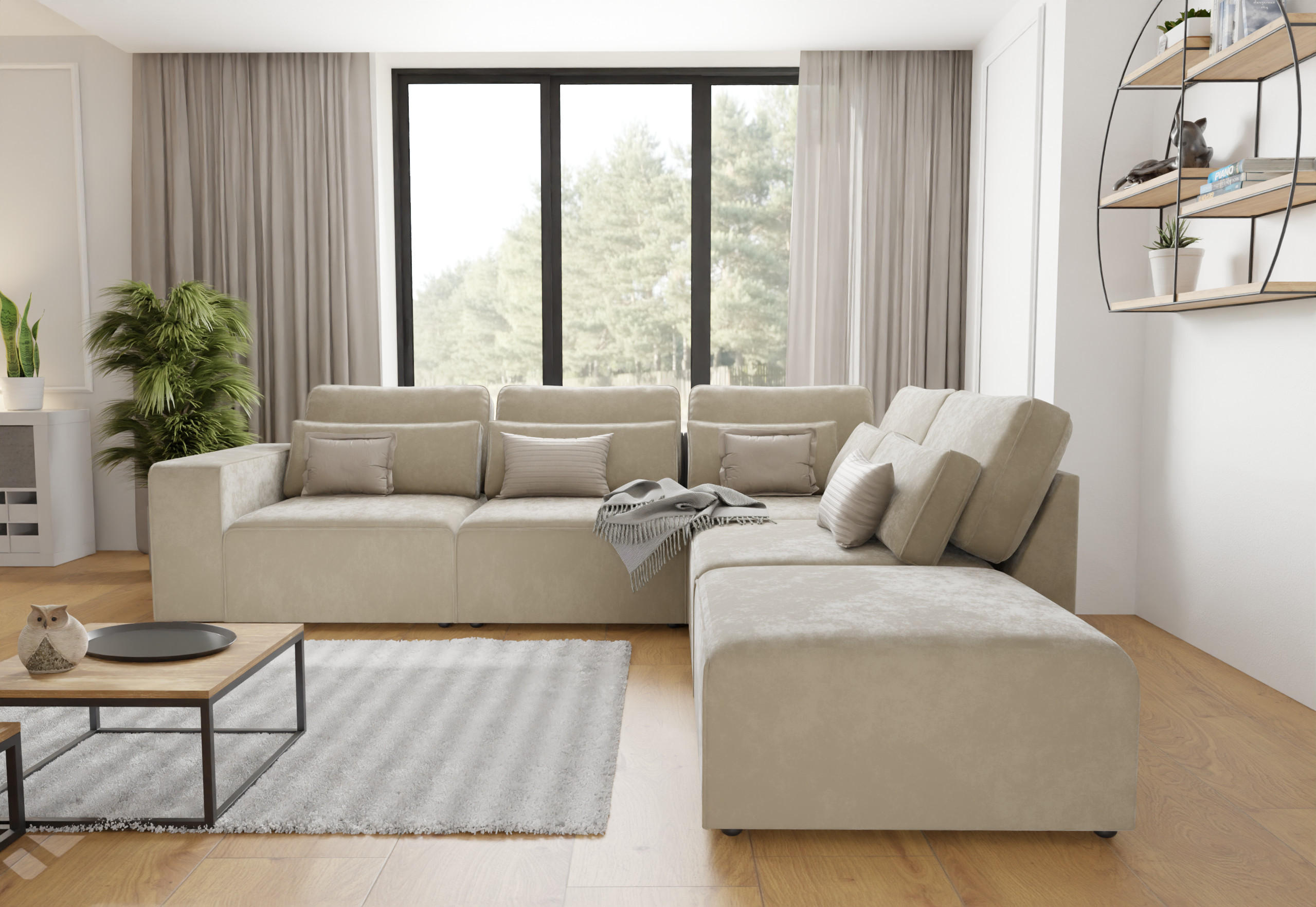 Thumbnail - S-Style Möbel Ecksofa, Beige, Textil, Echtholz,Birke, Füllung: Silikon,Silikon,Komfortschaum, L-Form, Ottomane rechts, E...