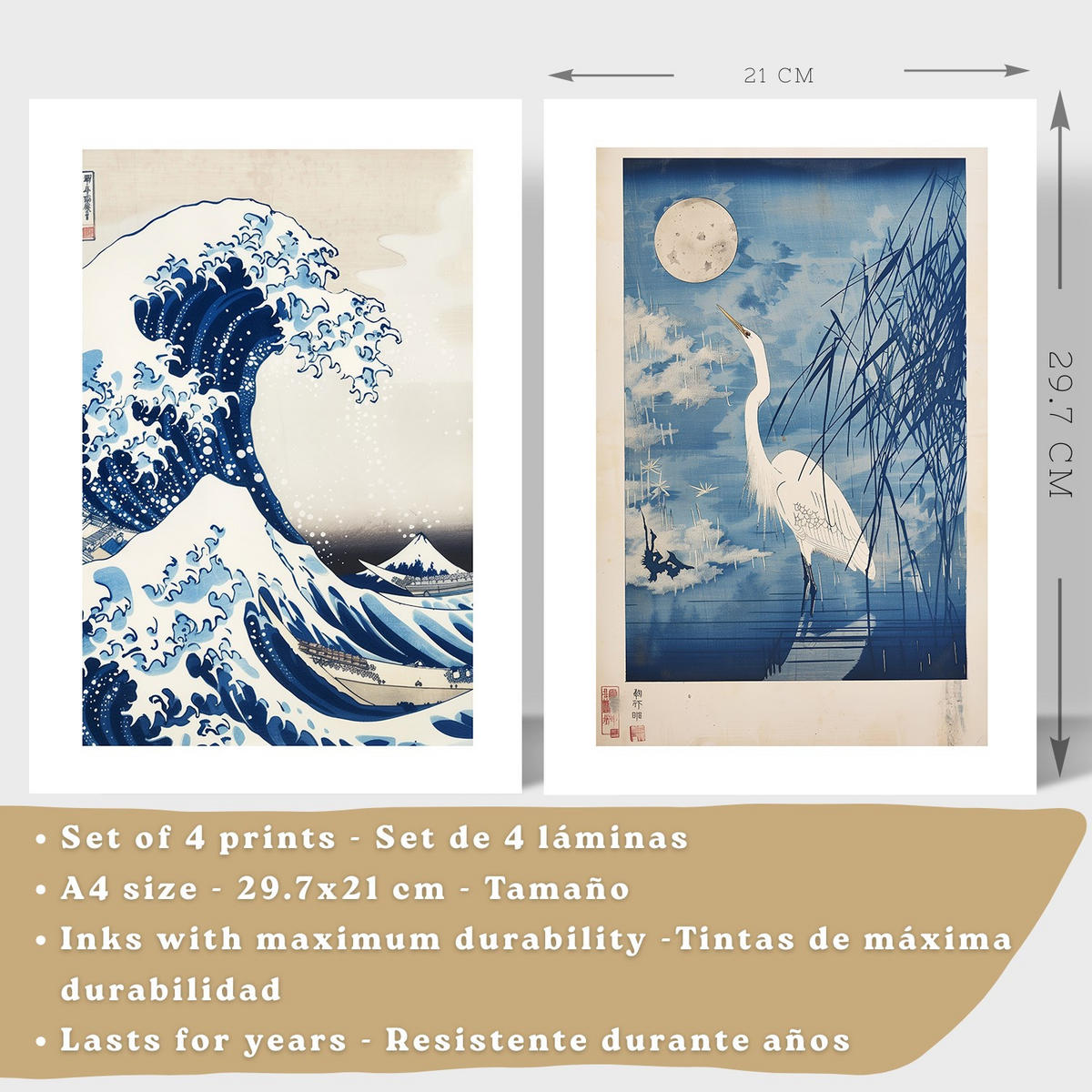 PLAKAT Sada 4 Japan Blue A4 Bílý rám - bílá, papír (29.7/1/21cm) - Nacnic