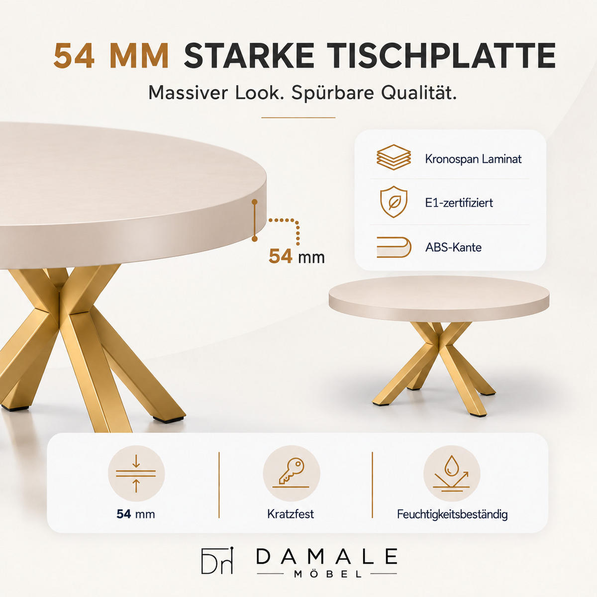ESSTISCH rund ausziehbar 100-200/76 cm, Kaschmir, 54 cm Tischplatte + X Metallbeine Gold - Kaschmir/Goldfarben, Holzwerkstoff/Metall (100/200/76cm) - Damale Möbel