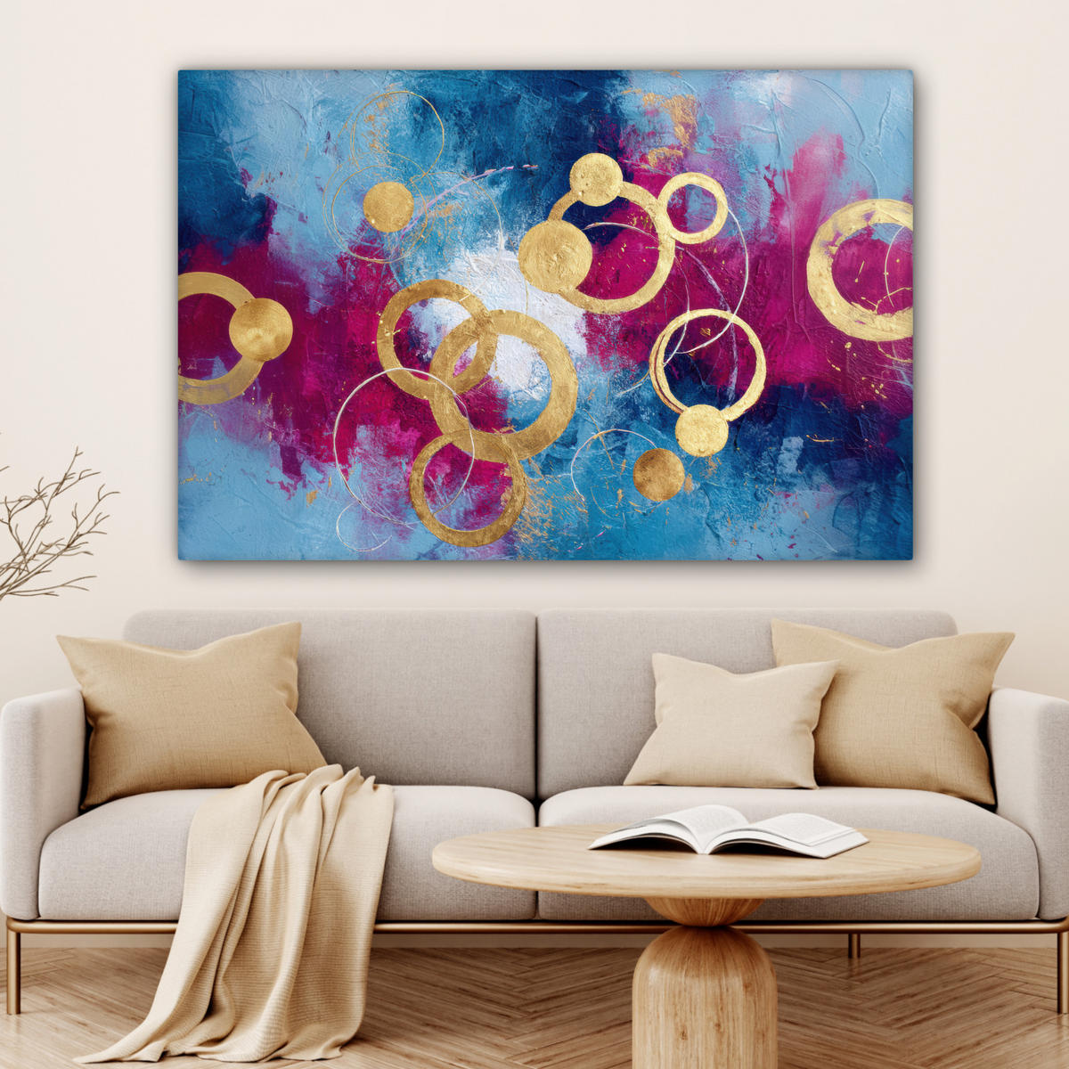 LEINWANDBILD Kreise - Gold - Abstrakt Groß 140x90 cm - Blau, Textil (140/90cm) - MuchoWow